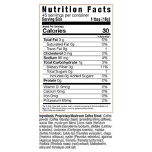 Nutrition Facts: instant mushroom coffee, 30 calories per 1 tbsp serving.