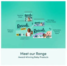 Rascal training pants range graphic showing diapers, wipes, and premium disposable features