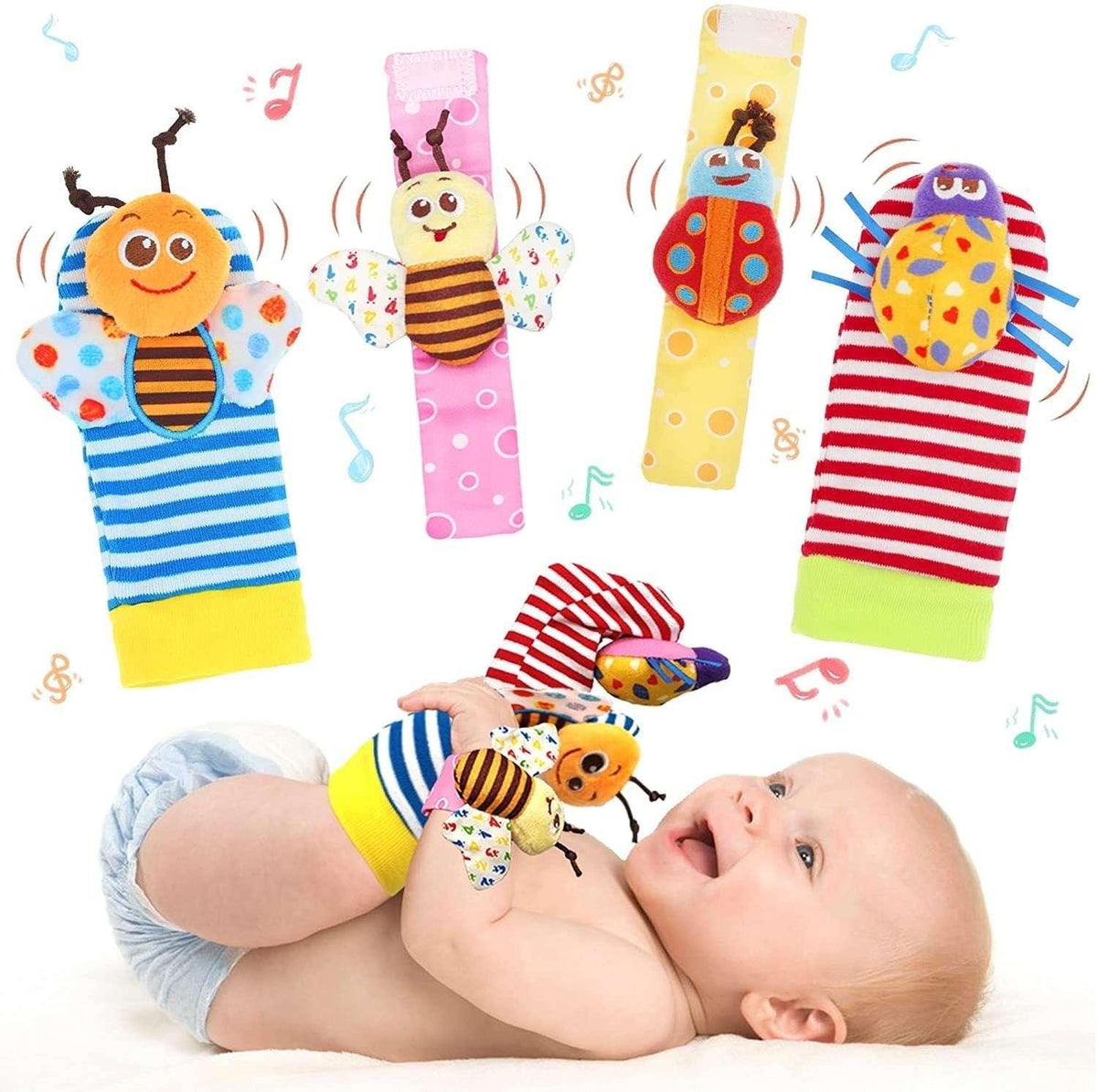 Rattle Toy,Arm Hand Bracelet Rattle,Feet Leg Ankle Socks, Present Gift for Newborn Infant Babies Boy Girl Bebe (4 Bugs) - USA MEGA SHOP