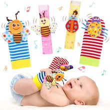 Multicolor insect rattle socks set with cartoon bug on striped leg sleeves