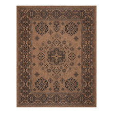 Indoor/outdoor rug square: tan center with dark brown border and geometric design