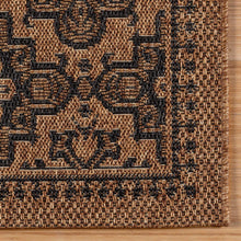 Indoor/outdoor rug border close-up: tan with dark brown interlocking motifs