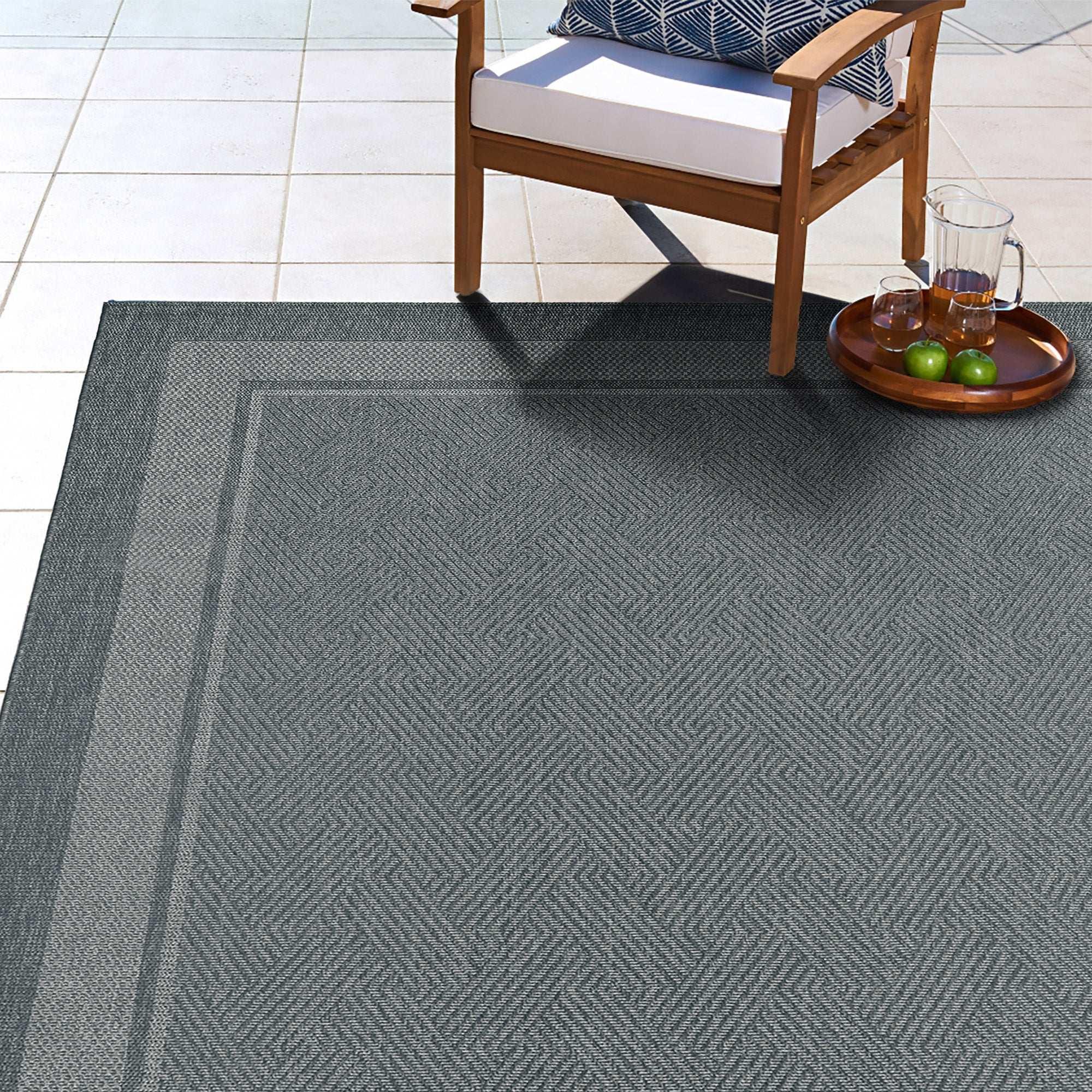 Ravenna Indoor/Outdoor Rug, Geo Border Silver - USA MEGA SHOP