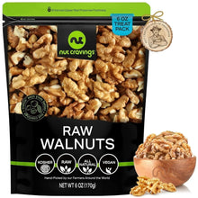 Stand-up pack of raw walnuts with walnut pieces shown in a bowl