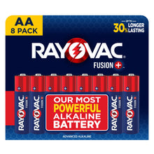 Rayovac Fusion AA alkaline batteries, 8-pack retail card with row of red cells