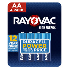AA 4-pack battery package, Rayovac High Energy, Duracell Power Price label