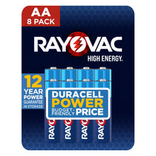 Rayovac AA battery 8-pack blister with four blue AA batteries in a tray