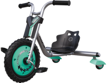 Teal mini 3-wheel tricycle with black seat and 360 caster front wheel