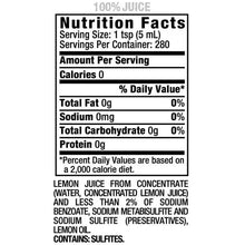 Nutrition facts panel for lemon juice, black text on white label