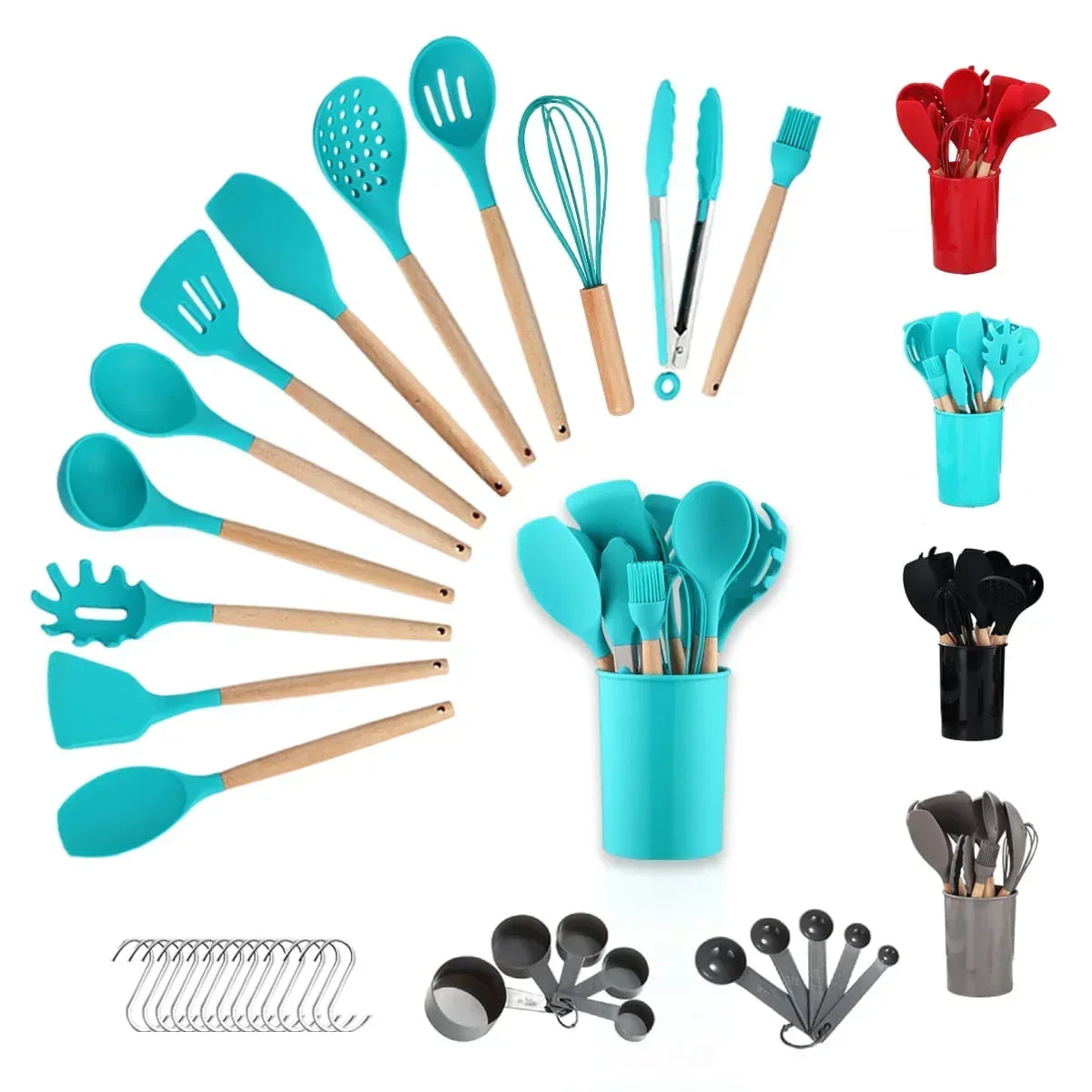 ReaNea Silicone Kitchen Utensils Set 38 Pieces and Utensil Holder (Black)