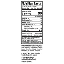 Nutrition facts panel for Ready protein water: 20g protein, 0g sugar, 90 calories