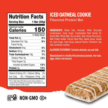 Iced oatmeal cookie protein bar nutrition facts panel with bar piece, gluten-free