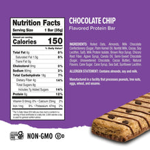 Chocolate chip protein bar nutrition facts panel with bar piece, gluten-free