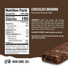 Chocolate brownie protein bar nutrition facts panel with bar piece, gluten-free