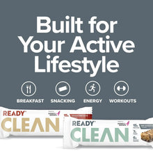Protein bar assortment long bar wrappers labeled Ready Clean for active lifestyle