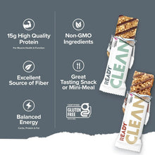 Protein bar variety pack mini bars in foil wrappers, featuring Ready Clean branding