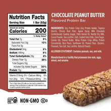 Protein bar pack nutrition panel and chocolate peanut butter flavored bar