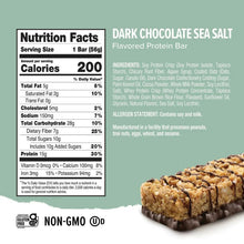 Protein bar pack nutrition panel and dark chocolate sea salt flavored bar