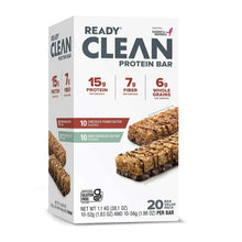 Protein bar variety pack box with Ready Clean label and assorted nutrition highlights