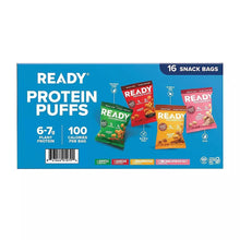 Ready Protein Puffs variety pack box, 16 snack bags displayed