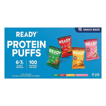Ready Protein Puffs variety pack box with 16 snack bags