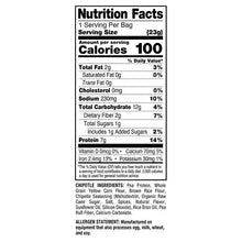 Nutrition Facts panel for protein puffs snack bag, 100 calories per serving