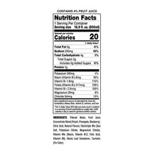 Nutrition facts panel: 20 calories per 16.9 fl oz serving, electrolyte drink