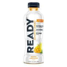 sports drink bottle, mango lemonade Light, clear label with READY and electrolyte text