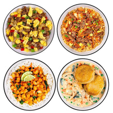 Assorted prepared meal bowls on white plates with mixed meats and vegetables