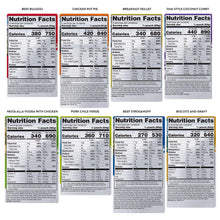 Nutrition Facts labels for multiple camping meals on pouch packaging