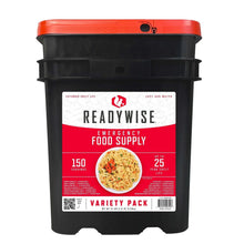 Emergency food storage bucket with red lid and front label, 150 serving variety pack