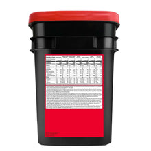 Emergency food storage bucket with red lid and nutrition info on back label