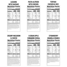 Adventure meal nutrition facts panels, six serving cards with calories and macros