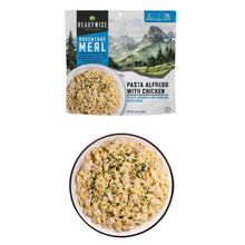Pasta alfredo with chicken adventure meal pouch and bowl with creamy sauce