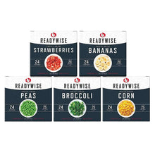 Freeze-dried food assortment boxes with labels: Strawberries, Bananas, Peas, Broccoli, Corn