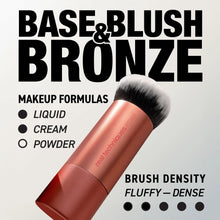 Makeup blending brush with fluffy white bristles on a rose-gold handle.
