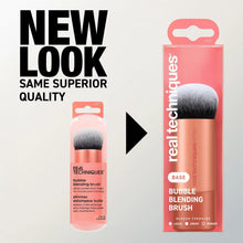 Bubble blending makeup brush in retail box, with white bristles and rose-gold handle.