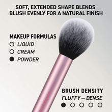 Blush brush with rounded powder bristles and mauve handle for soft, even finish