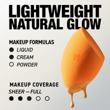 Orange teardrop makeup sponge with soft, porous texture
