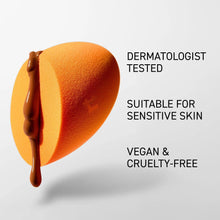 Orange teardrop makeup sponge with textured surface and curved edge