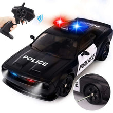 Black police remote control drift car with blue wheel lights and handheld controller