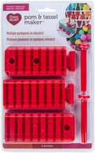 Pom-pom and tassel maker kit with red plastic frames and pegs in box