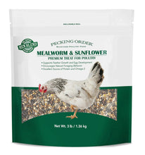Resealable chicken treat bag with mealworm and sunflower blend, net wt 3 lb