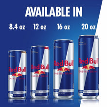 Red Bull Energy Drink cans in multiple sizes: 8.4 oz, 12 oz, 16 oz, 20 oz
