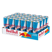 Box of sugar-free energy drink cans with blue, silver, and Red Bull branding