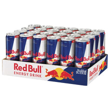 Energy drink can in blue and silver with Red Bull logo and pull tab