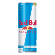 Sugar-free energy drink can, blue and silver with Red Bull logo