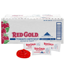 Red Gold tomato ketchup single-serve packets in box with red ketchup graphic