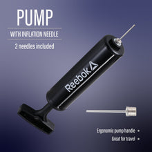 Black Reebok inflatable pump with inflation needle and ergonomic travel handle