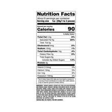 Frozen fruit pouch nutrition facts panel with serving info and calorie table